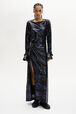 Backless Striped Sequin Maxi Dress Silver/navy front worn view