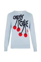 Women Cherry Print Sweater Baby blue front view