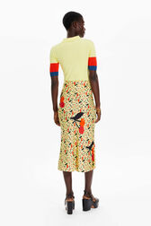 Women Cherry Print Twill Midi Skirt Baby yellow back worn view