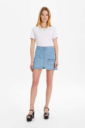 Women Denim Mini Skirt Stonewashed indigo front worn view