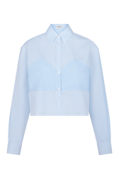 Chemise crop en coton à manches longues fines rayures Raye blanc / bleu vue de face
