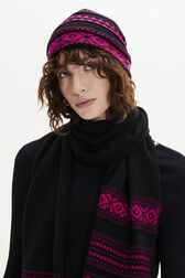 Fair Isle Print Wool Knit Beanie Hat Fuchsia front worn view