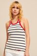 Women Striped Contrast Neckline Tank Top Ecru front worn view