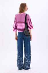 Pull rayé court col rond à manches courtes Rayures pink/violet vue portée de dos