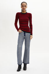 Striped Long-Sleeved Crew Neck Sweater Black/red front worn view