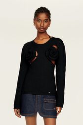 Women Removable Flowers Sweater Black front worn view