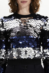 Women's Tricolour Striped Sequin Jumper Black details view 2