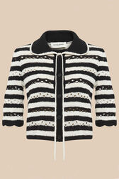 Women Short Openwork Striped Waistcoat Black/ecru front view