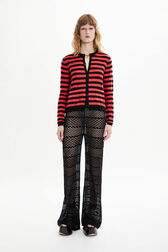 Women Poorboy knitted striped cardigan Striped black/coral front worn view