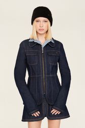 Women Denim Jacket Raw front worn view
