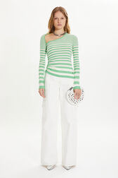 Striped long-sleeved sweater with asymmetric collar Striped anise/white front worn view