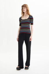 T-shirt col ouvert picots rayé multicolore femme Multico raye noir vue de détail 1