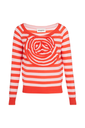 Pull laine mérinos bicolore fleur en relief femme Raye corail/baby pink vue de face