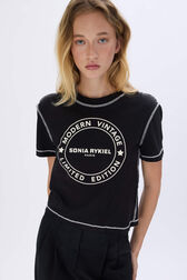T-shirt col rond manches courtes en jersey de coton Noir vue de détail 1