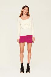 Women Plain Flower Sweater Ecru front worn view