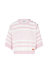Short-sleeved crew-neck marinière sweater Pink white front view