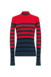 Striped knitted sweater with stand-up collar Striped blue/red front view