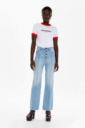 Women High-Waisted Jeans Stonewashed indigo front worn view