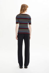 Women Picot Multicolor Striped Open Neck T-Shirt Multico black striped back worn view