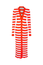 Long striped cardigan with V-neck and long sleeves Tangerine/white stripe front view