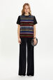 Short-sleeved rhinestone embroidered jersey T-shirt Multico crea striped front worn view