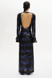 Robe longue dos nu en sequins rayés Silver/navy vue portée de dos