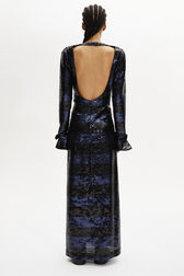 Backless Striped Sequin Maxi Dress Silver/navy back worn view