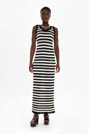Women Striped Openwork Maxi Dress Black/ecru front worn view