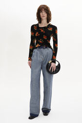 Long-Sleeved Fitted Velvet Jacquard Top Orange front worn view