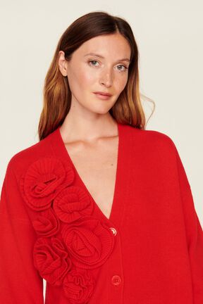 Women Flowers Cardigan Red details view 2