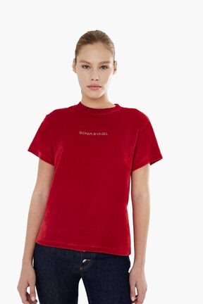 Women Velvet T-shirt Red front worn view