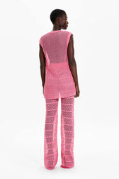 Women Striped Openwork Lace Tank Top Pink back worn view