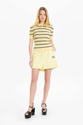 Women Short Sleeve Sweater Baby yellow front worn view