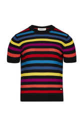 Women Poor Boy Striped Short Sleeve Sweater Multico striped front view