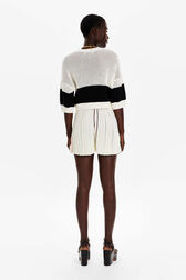 Women Two-Tone Fishnet Crop Top Black/ecru back worn view