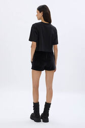 Short-Sleeved Cropped Crew Neck T-Shirt Black back worn view