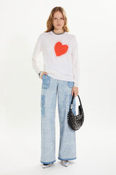 Heart charm crew-neck sweater Ecru front worn view