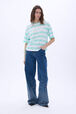 Striped short-sleeved crew-neck T-shirt White/mint stripe front worn view