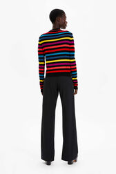 Women Poorboy knitted striped cardigan Multico striped back worn view