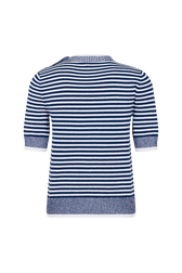 Pull col rond à manches courtes marinière en coton mélangée Raye blanc / bleu vue de dos