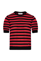 Women Poor Boy Striped Short Sleeve Sweater Striped black/coral front view