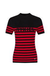 Striped short-sleeved woolen sweater Black/red front view