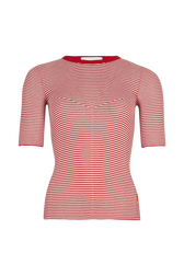 Short-sleeved crew-neck top in cotton and silk Red/white front view