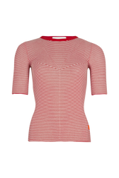 Short-sleeved crew-neck top in cotton and silk Red/white front view