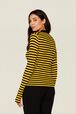 Women Multicoloured Striped Rib Sock Knit Sweater Striped black/mustard back worn view