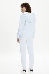 Women Velvet Hoodie Baby blue back worn view