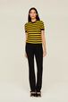 Women Poor Boy Striped Short Sleeve Sweater Striped black/mustard front worn view