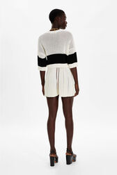 Women Multicolor Striped Pleated Shorts Ecru back worn view