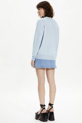 Women Cherry Print Sweater Baby blue back worn view