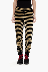 Women Velvet Jogging Pants Striped black/khaki front worn view